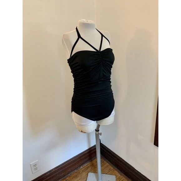 Kamali Kulture Shirred Waist Mio  One Piece Swim Ruched Black Large Halter Cut - Picture 9 of 13